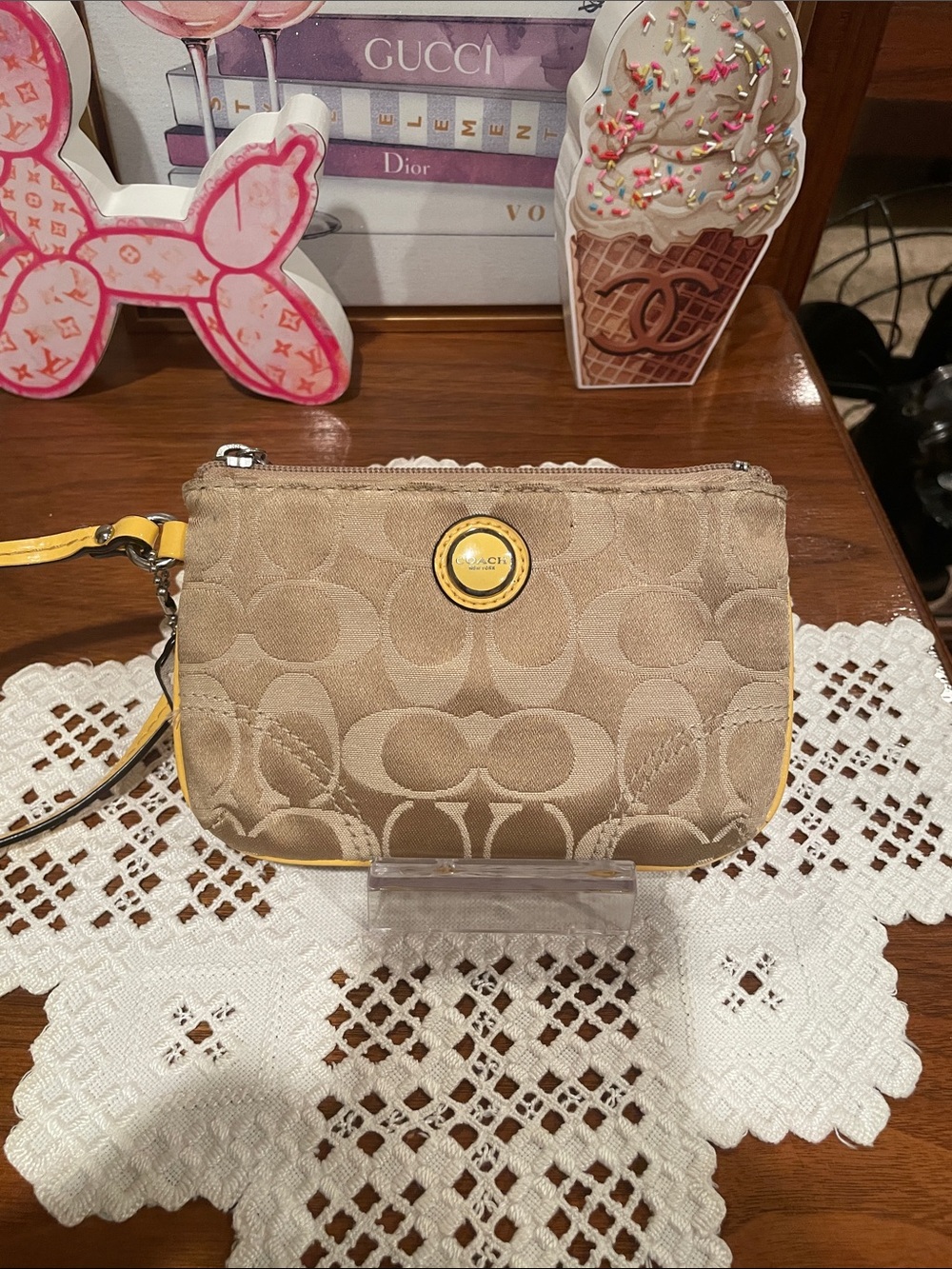 Coach Khaki Signature Canvas Wristlet with Yellow Trim